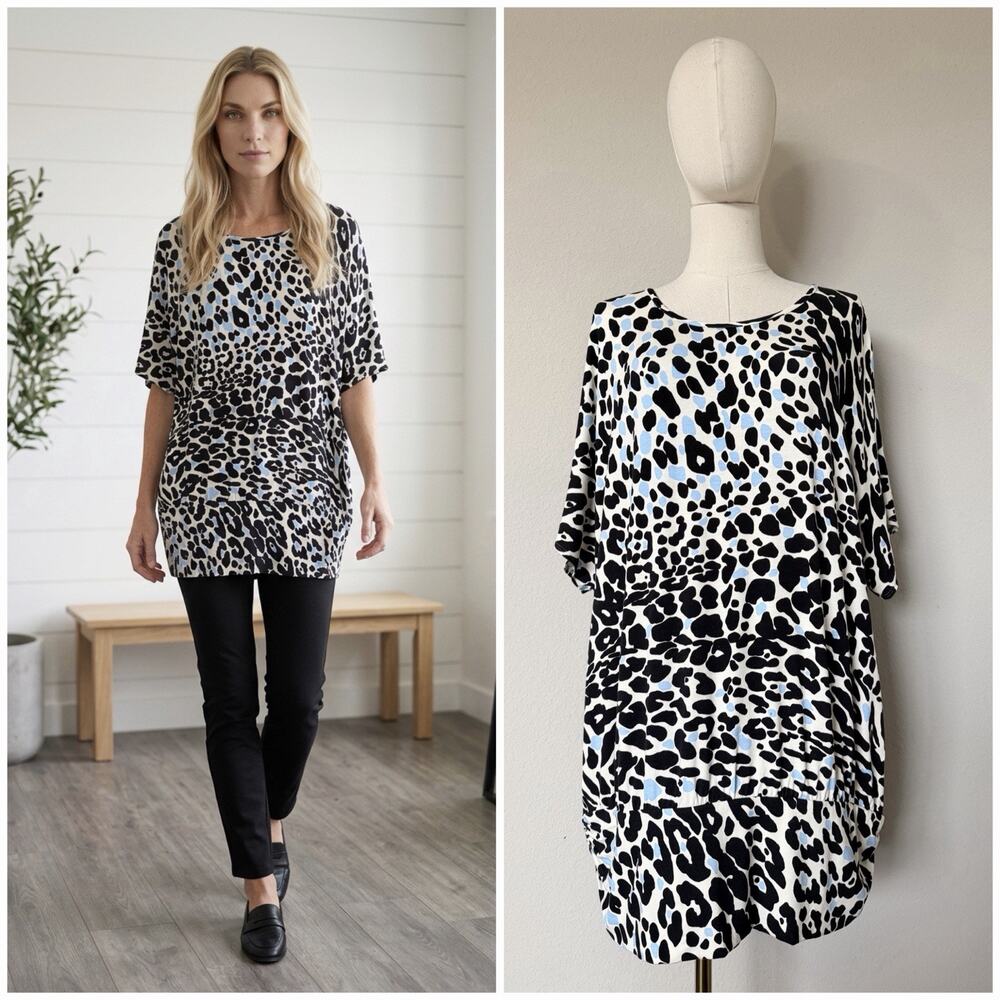 St. John XL Women’s Leopard Print Tunic Top Cream Black Blue Jersey Knit Stretch